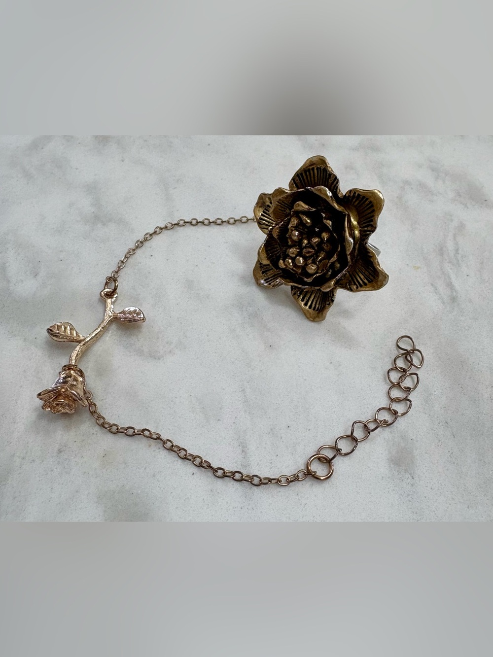 Vintage, Upcycled Large Golden Flower Ring & Long Stem Rose Gold-toned Bracelet